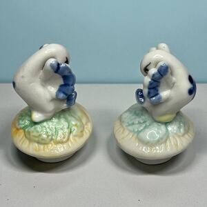 Vintage Blue & White Porcelain Duck Bottle Toppers 2” Bath Salt Jar Stoppers